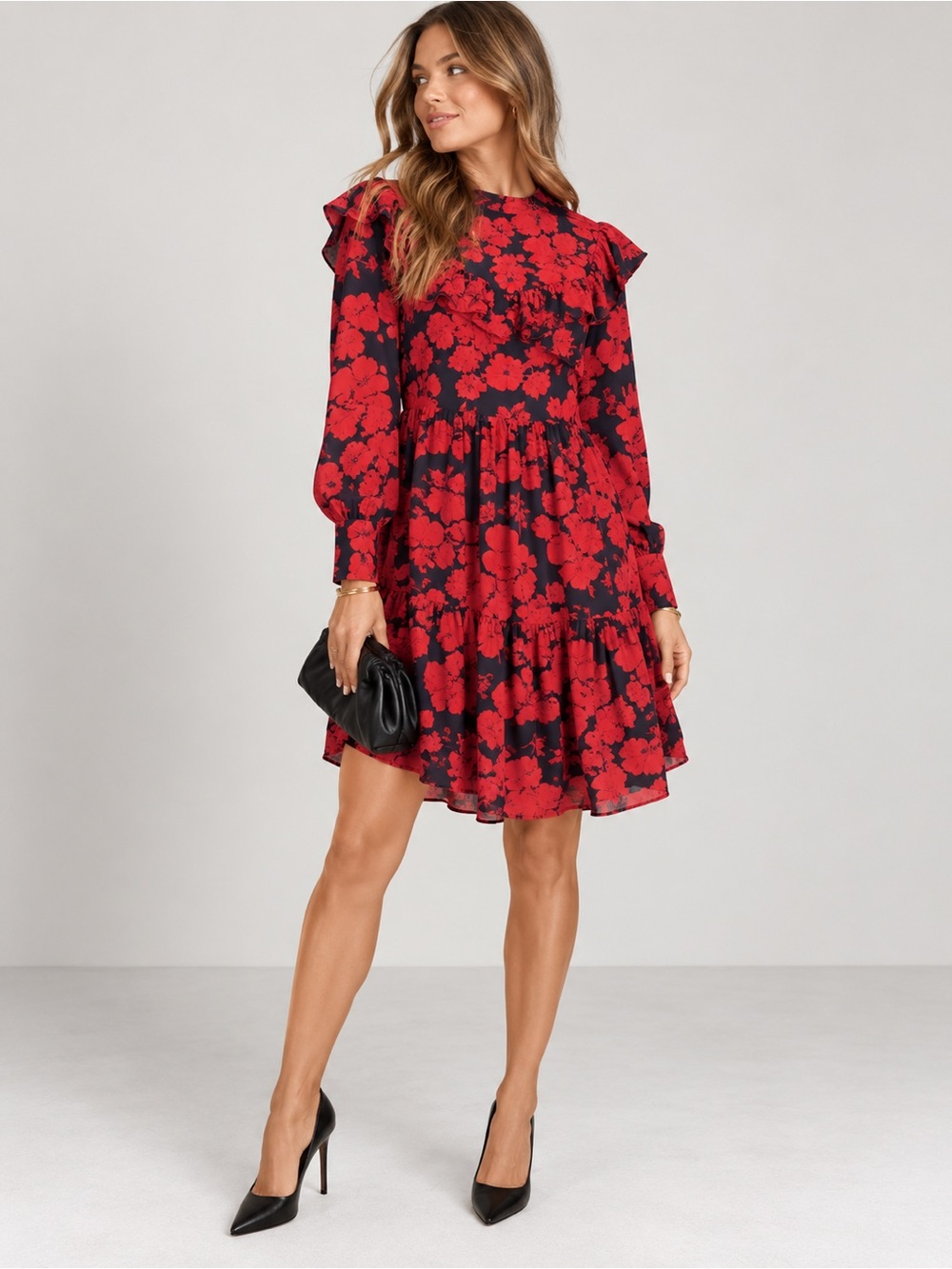 Rebecca Minkoff Red & Black Floral Ruffle Mini Dress • Flowy A-Line • Small
